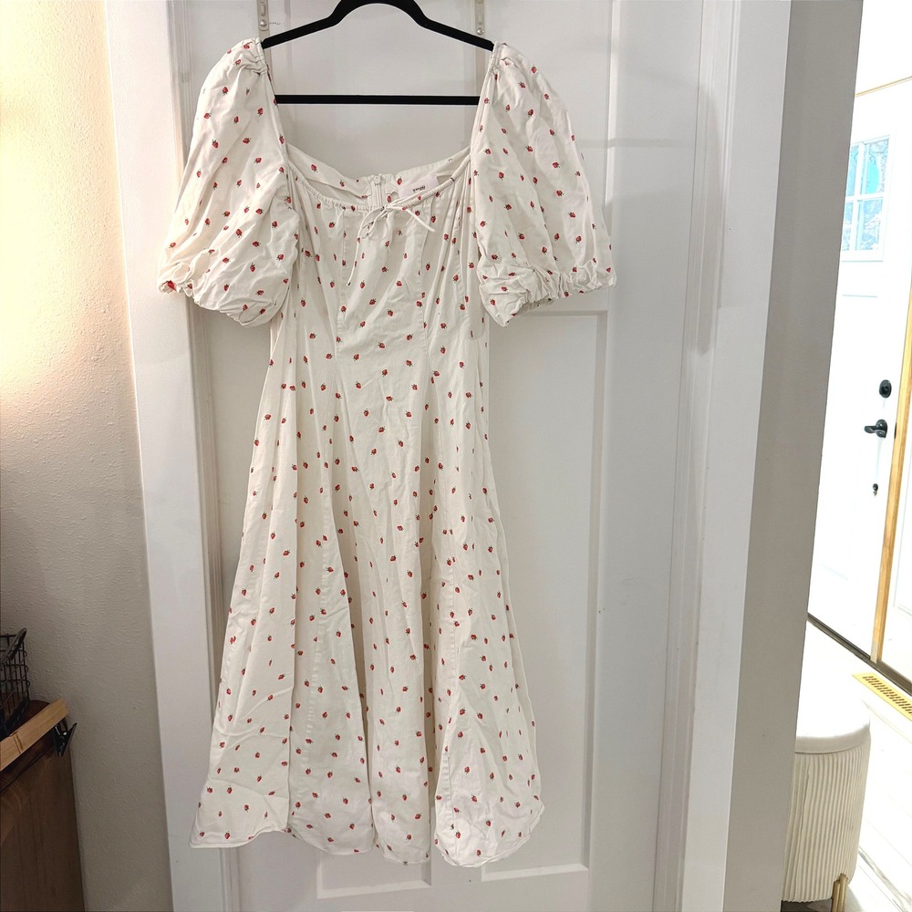Selkie Day Dress in La Fraise Strawberry Print Puff Sleeve Midi XL Cottagecore